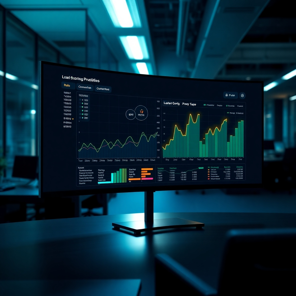 A photorealistic image rendered in 8K resolution, showcasing a sophisticated data visualization dashboard on a large, curved screen in a dimly lit, modern office setting. The color palette is a blend of deep blues and vibrant greens, creating a professional yet dynamic atmosphere.  The scene is lit with a dramatic side lighting technique, highlighting the data points and charts on the screen. The main focus is on a complex, interactive graph depicting lead scoring and conversion probability, with key data points highlighted in glowing white and yellow.  The textures should be hyperrealistic, showcasing the smooth glass of the screen, the metallic frame, and the subtle texture of the surrounding furniture. The background should hint at a bustling yet organized workspace, indicating high productivity. The camera angle is slightly elevated and angled to capture the full scope of the dashboard. The image should emulate the style of award-winning corporate data visualization, with a focus on clarity and impactful presentation. The overall mood is sophisticated, analytical, and promising, emphasizing data-driven insights and successful lead conversion.