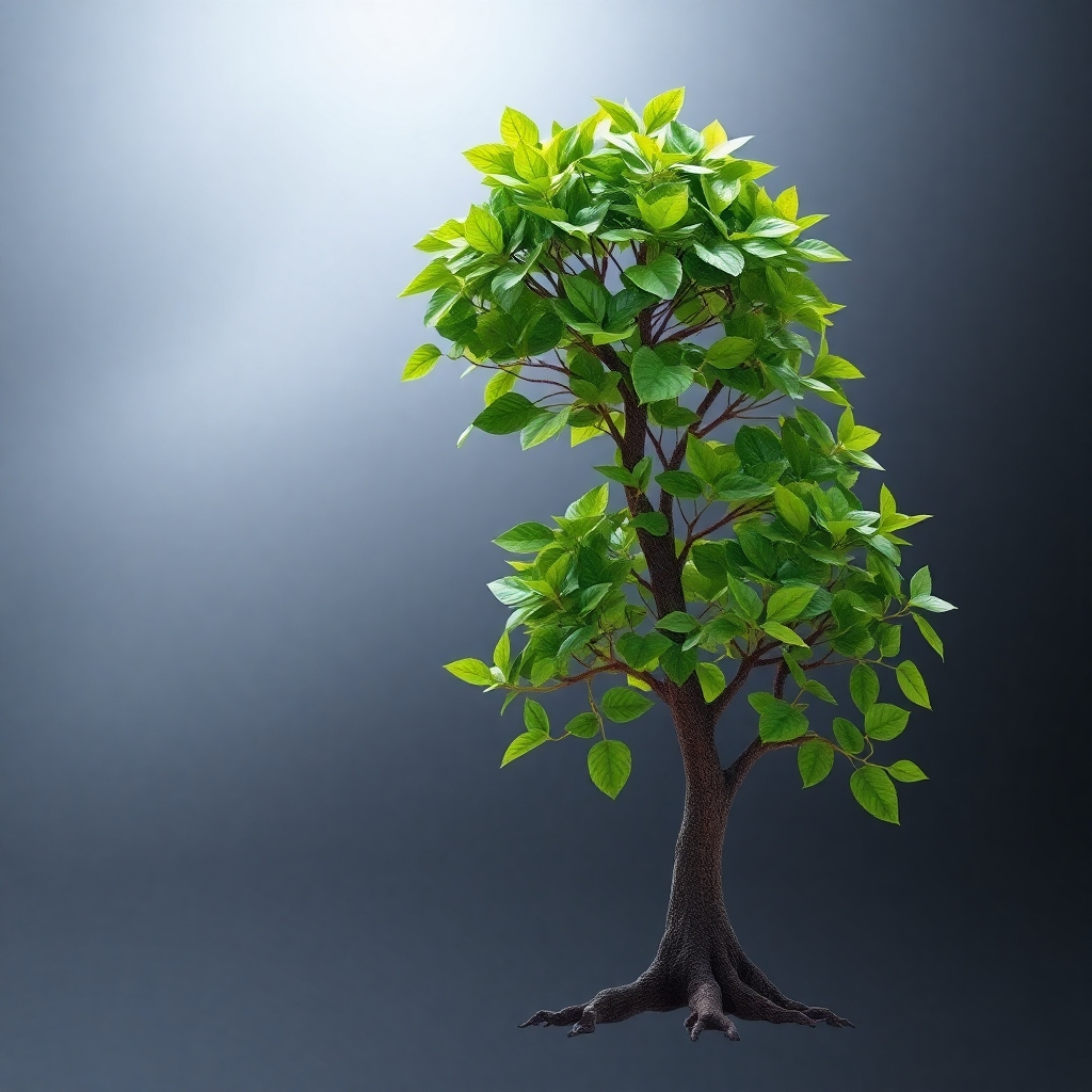 A photorealistic image representing long-term growth in business. It could be a stylized visualization of a tree growing taller over time, with its leaves representing income and growth. The tree should be healthy, strong and prosperous, symbolizing the successful longevity of an affiliate marketing business.