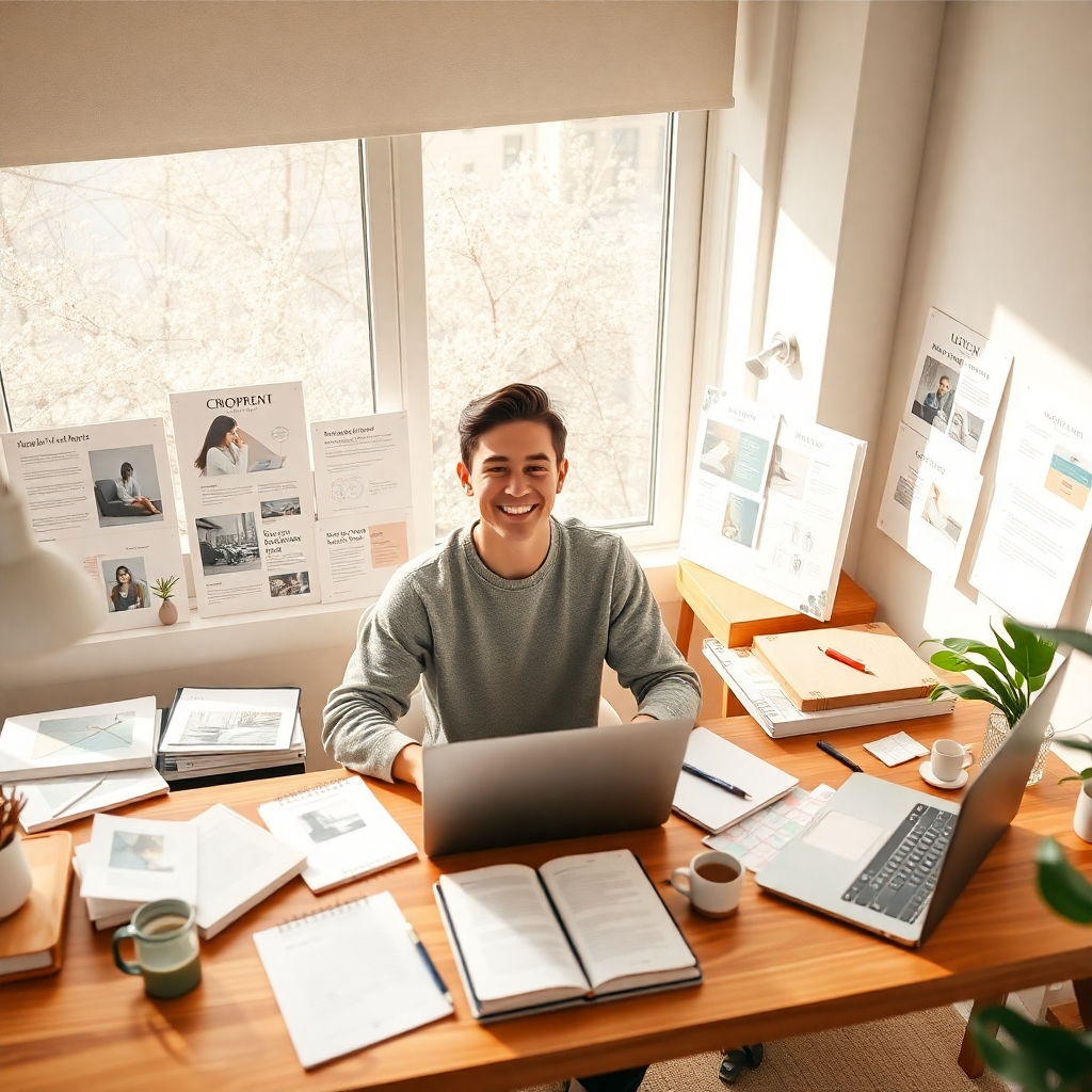 A photorealistic image, shot from a high angle, showing a modern, minimalist workspace.  The scene is bathed in soft, natural light streaming from a large window.  The color palette is warm and inviting, with beige, cream, and muted greens.  A young, enthusiastic creative is depicted, sitting at a desk surrounded by notebooks, laptops, and mood boards.  A variety of content ideas are visible, including storyboards, social media posts mockups, and blog post outlines.  The scene is meticulously detailed, showcasing the texture of the paper, the wood of the desk, and the soft fabric of the clothing. The overall mood is energetic and creative, suggesting progress and success. The image is in the style of a successful entrepreneur's workspace, as seen in lifestyle magazines, emphasizing a feeling of organization and inspiration.  Textures are sharp and detailed, emphasizing the realism of the scene.