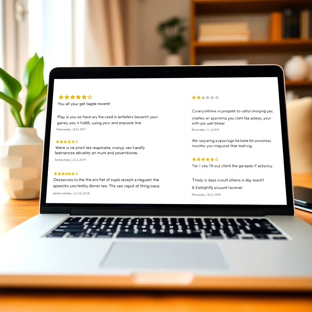 A photorealistic image showcasing diverse client testimonials on a laptop screen, with positive reviews and ratings displayed prominently. The setting is a cozy, home-office environment, suggesting a personal and supportive coach-client relationship.