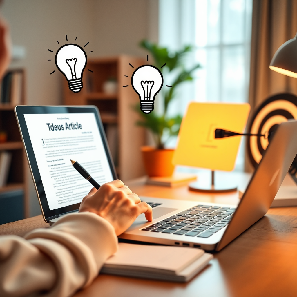 A photorealistic image showcasing a person writing an article on a laptop, with various elements representing engaging content creation: a lightbulb symbolizing ideas, a magnifying glass representing research, and a target representing the audience. The scene is set in a cozy, well-lit home office. The color palette should be warm and inviting, with soft, diffused lighting to create a comfortable atmosphere.