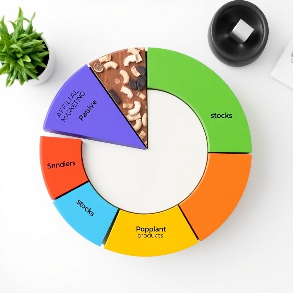 A photorealistic image showcasing a pie chart divided into segments representing various passive income sources (affiliate marketing, real estate, stocks, bonds, digital products). The chart is visually appealing and easy to understand. The background is a clean, professional setting. The lighting is soft and balanced. Camera angle: overhead shot, focusing on the pie chart. Style: Infographic-style photography.