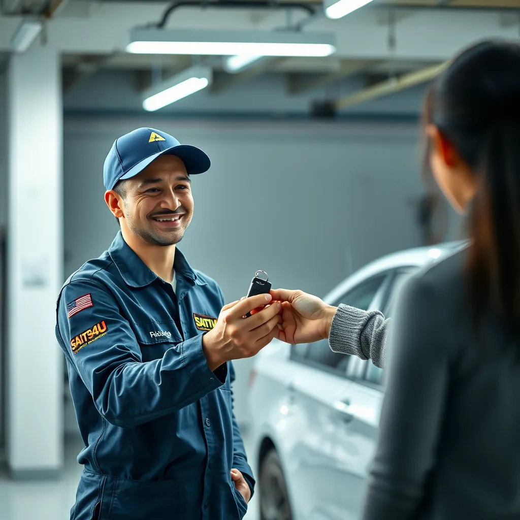 A photorealistic image showcasing a locksmith in a SAITS4U uniform, smiling and handing a car key to a relieved customer. The background should be a brightly lit garage with a car parked inside. The image should depict a positive and successful interaction, conveying the speed and quality of service that SAITS4U provides.