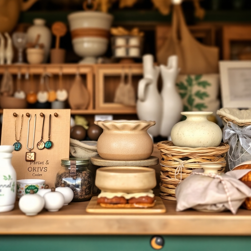A photorealistic image showcasing a variety of handmade products, such as jewelry, pottery, or baked goods, attractively displayed. The setting should be warm and inviting, perhaps a farmer's market or an online shop interface.