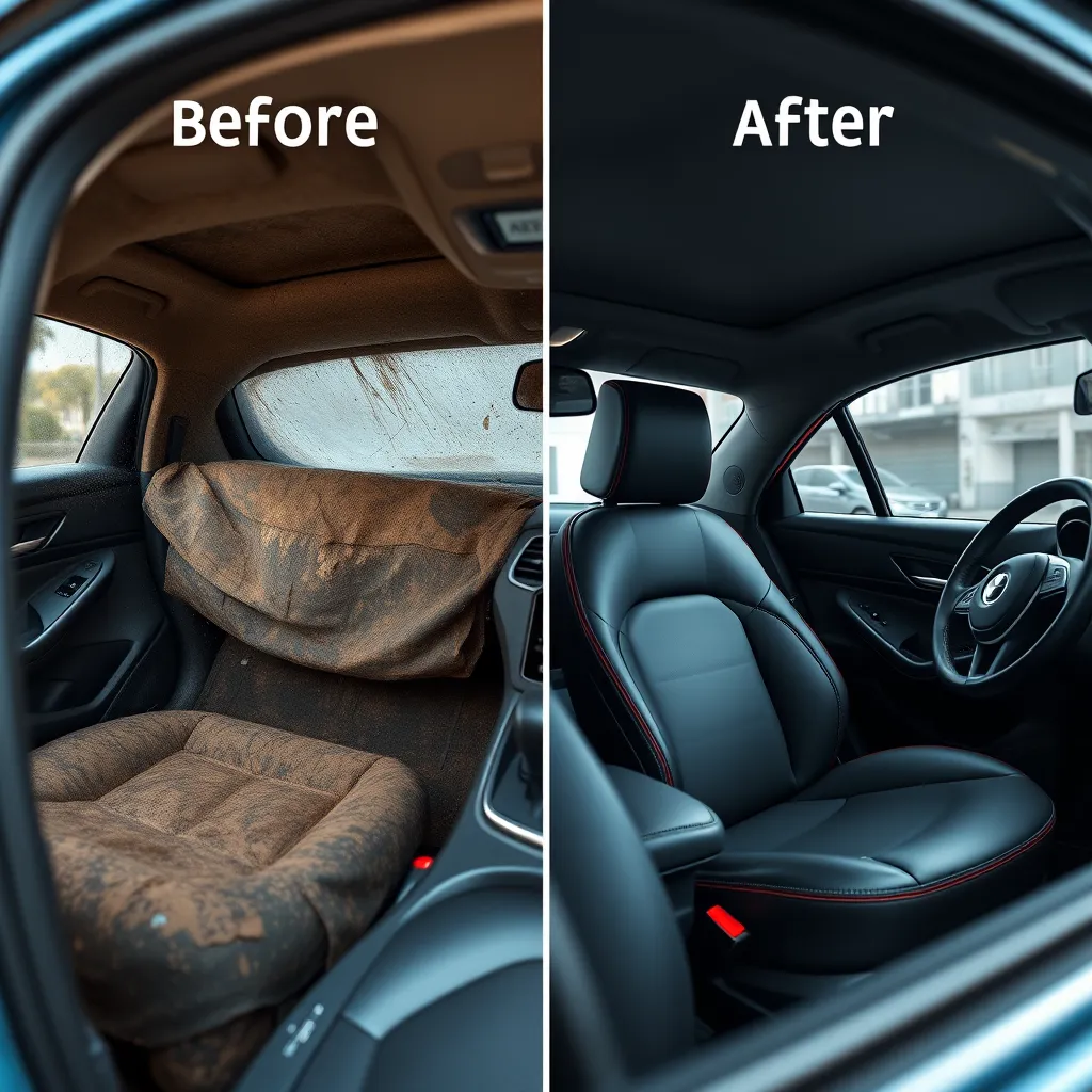 A photorealistic image showcasing a before-and-after comparison of a car's interior. The left side should show a dirty and neglected interior, while the right side should show the same interior after professional detailing. The image should emphasize the transformation and high-quality results.