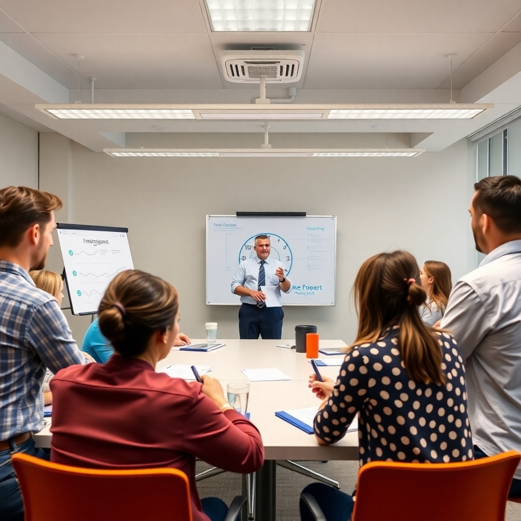 A photorealistic image showcasing a group of people actively participating in a time management workshop, with a presenter guiding them through various exercises. The atmosphere should be engaging and interactive.