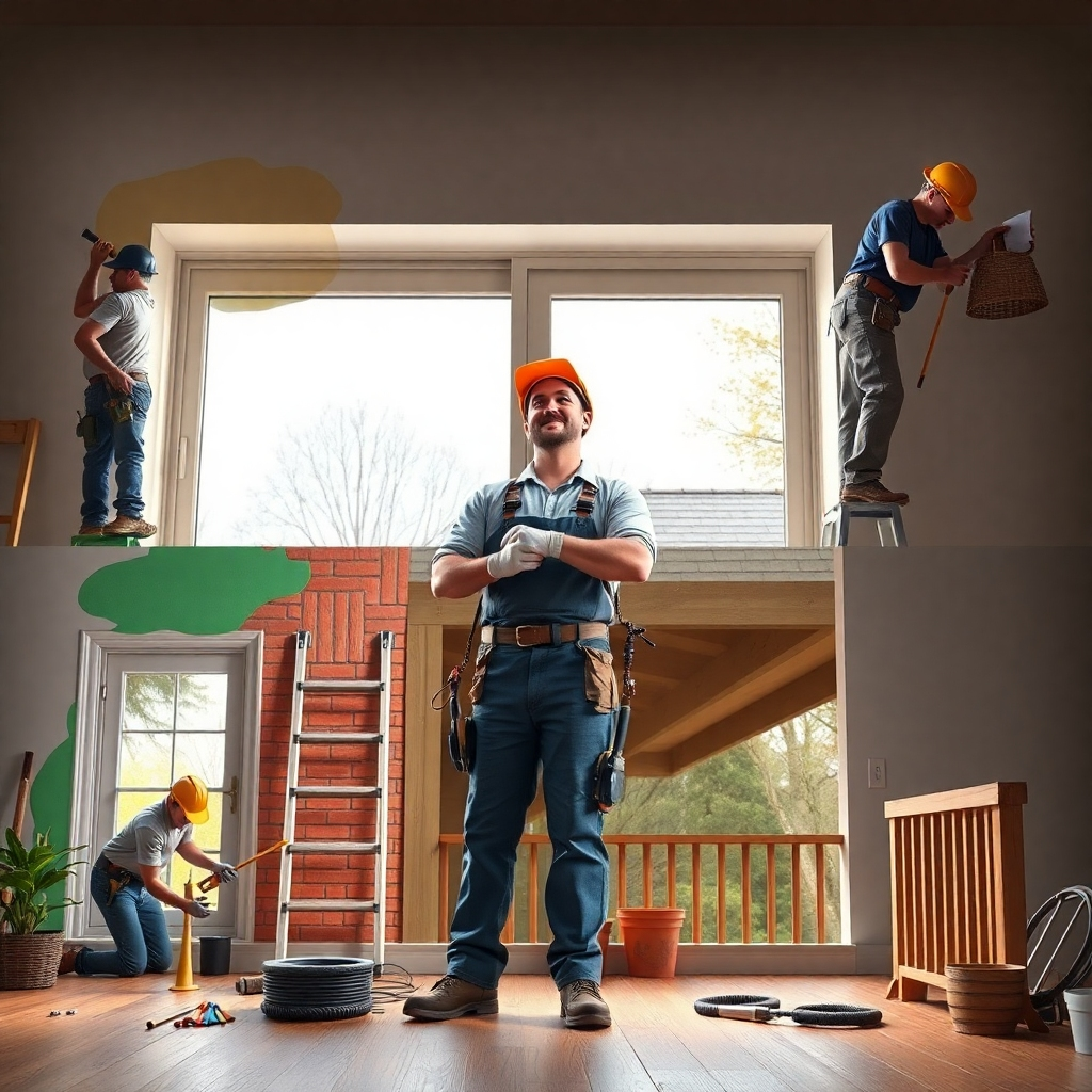 A photorealistic image showcasing a variety of home maintenance tasks, like painting, flooring, roofing, and deck construction. The image should depict a professional handyman working on each task, emphasizing the breadth of services offered by DTR Handyman.