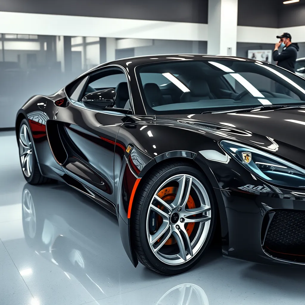 A photorealistic image showcasing a stunning car after receiving a complete detailing. The car should be gleaming, with a deep shine on its paint, a spotless interior, and pristine wheels. The image should convey a sense of luxury and impeccable detailing.