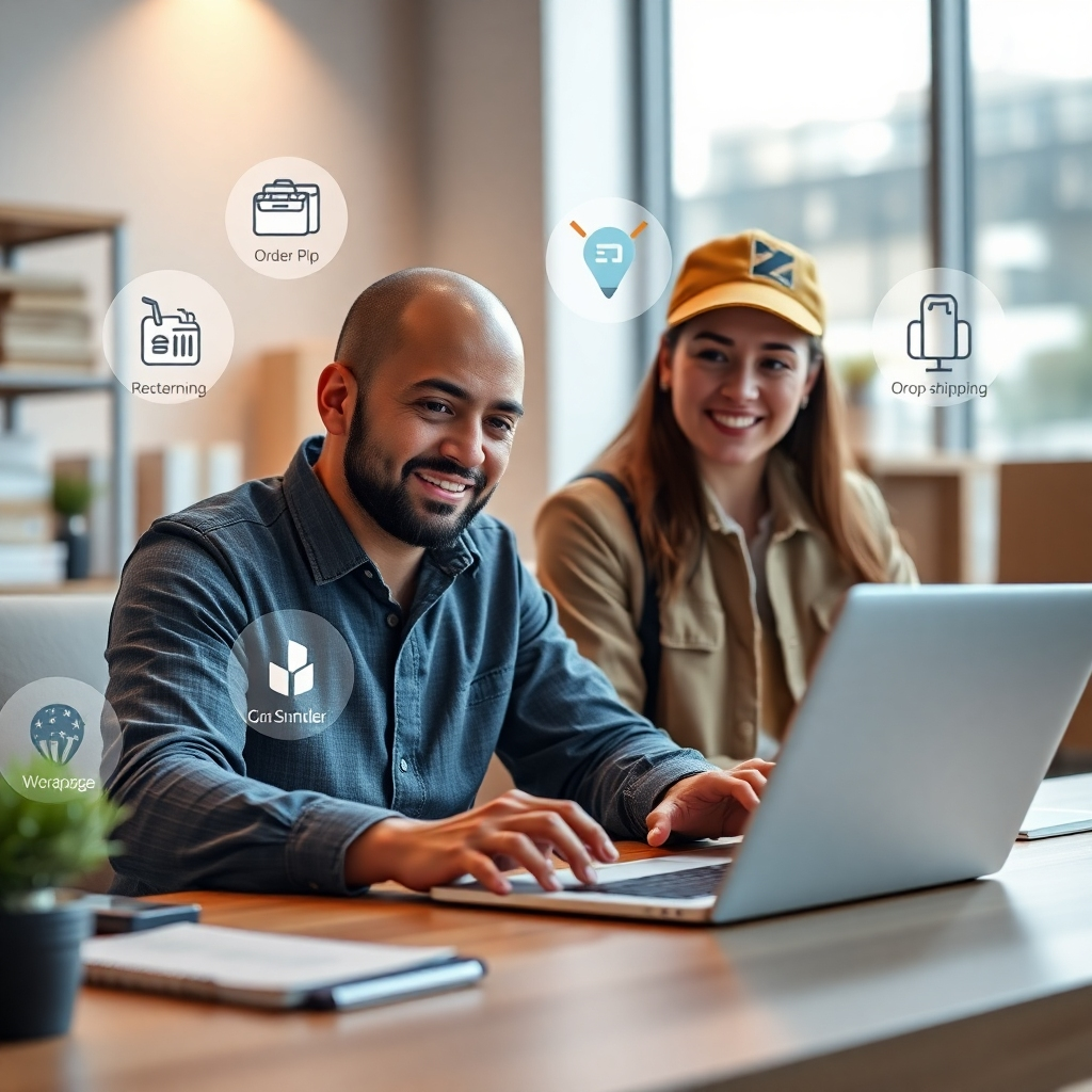 A photorealistic image showcasing a seamless collaboration between an online store owner (on a laptop) and a reliable dropshipping supplier. The image should depict secure communication channels, timely order processing, and efficient inventory management, represented by icons or graphical elements subtly integrated into the scene. The overall mood should convey trust, efficiency, and a strong partnership.
