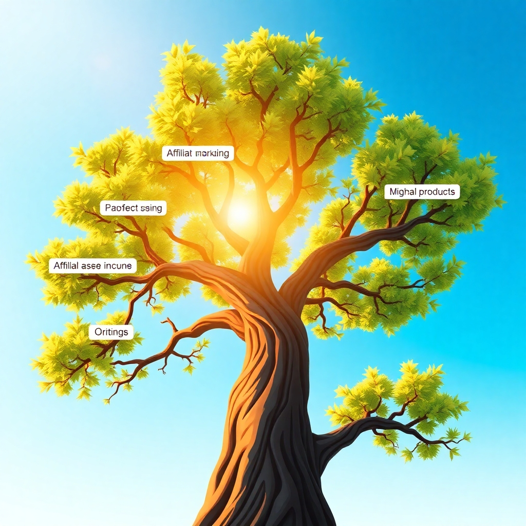 A photorealistic image showcasing a branching tree, each branch representing a different passive income stream (affiliate marketing, real estate, digital products). The tree is lush and vibrant, symbolizing growth and diversification. The lighting is golden hour, highlighting the interconnectedness of the branches. The background is a clear blue sky. Camera angle: low angle, looking up at the tree. Style: Illustration meets photorealism.