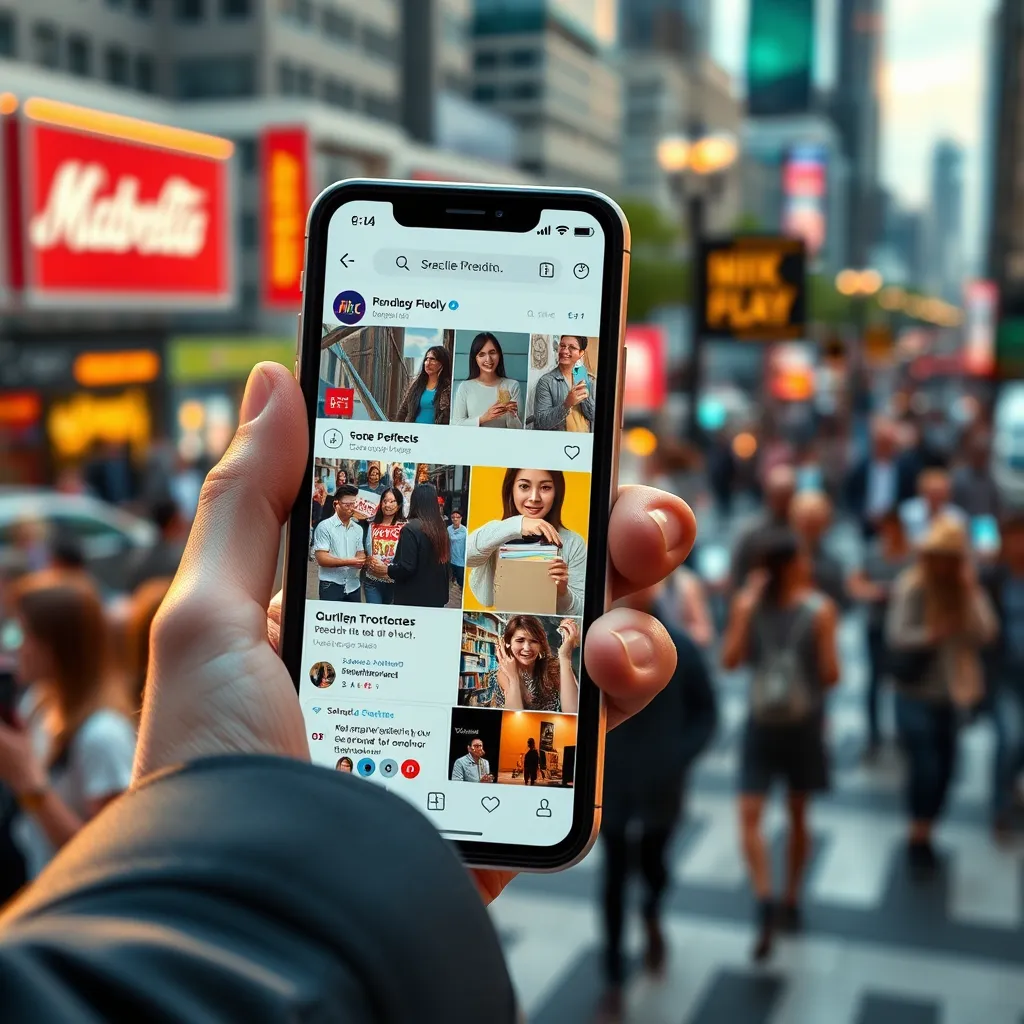 A photorealistic image showcasing a vibrant social media feed with engaging posts, videos, and graphics. The scene focuses on a person's hand scrolling through a mobile phone displaying the feed, highlighting diverse content like product photos, video snippets, and interactive polls. The background depicts a bustling cityscape, with people interacting with social media on their phones. Use warm lighting to create a friendly and approachable atmosphere. The phone screen should be highly detailed, with clear visuals and interactive elements.  Focus on a diverse and engaging social media experience, showcasing the power of social media marketing to reach and connect with audiences. Render the image in 8K resolution with hyperrealistic textures and details.
