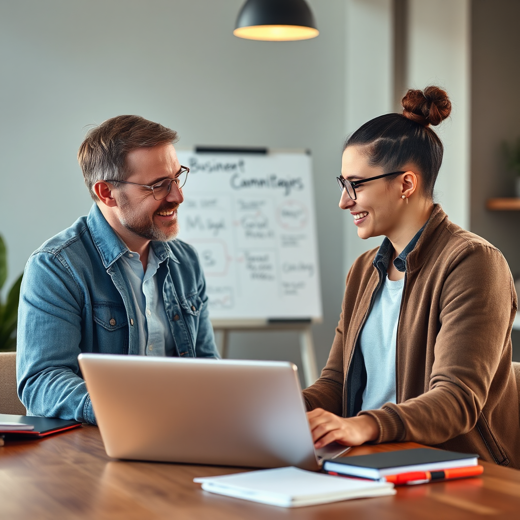 A photorealistic image showcasing a mentor-mentee relationship in a modern, collaborative setting. The mentor should be an experienced entrepreneur, offering guidance to a younger individual looking to start a side hustle. The lighting should be warm and inviting, creating a sense of trust and camaraderie. Use a color palette of earth tones and soft blues to convey reliability and support. The camera angle should be a medium shot, capturing the interaction between the two individuals. Props include a whiteboard with business strategies, laptops, and notebooks. The style should be approachable and professional, reflecting the value of expert guidance in achieving success. Technical specs: 8K resolution, hyperrealistic.