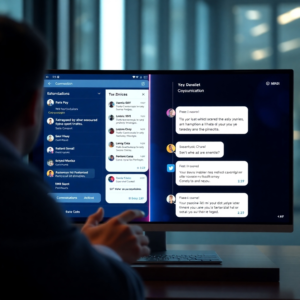 A photorealistic image showcasing a split screen: one side showing a user interacting with a chatbot interface displaying personalized message templates and options; the other showing various communication channels (email, social media, SMS) with positive responses and conversions.  The style should be modern and sleek, highlighting the seamless integration of AI-driven personalization in communication.