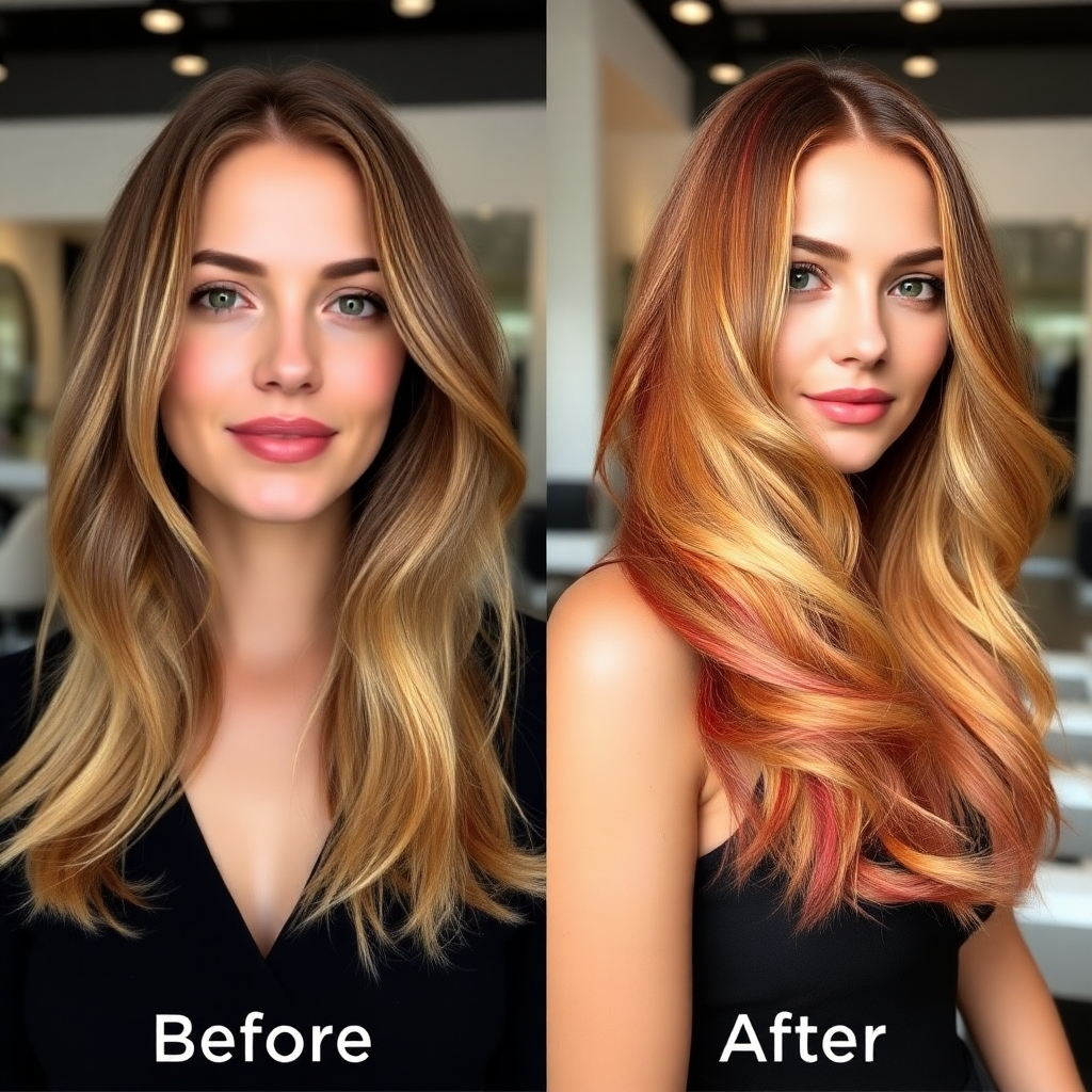 A photorealistic image showcasing a before-and-after transformation of a woman's hair color. The 'before' image shows dull, faded hair. The 'after' image shows the same woman with vibrant, multi-tonal highlights, creating a sun-kissed look with dimension and depth. The lighting should emphasize the color's vibrancy and shine. The salon setting should be clean and elegant.