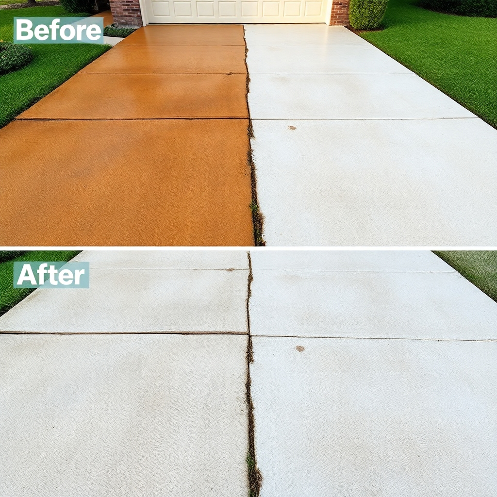 A photorealistic image showcasing a before-and-after comparison of a concrete driveway. The before image should show a stained, dirty driveway with weeds growing in the cracks. The after image should depict the same driveway, completely clean, with restored color and no visible blemishes. High-resolution image, emphasizing the transformation, with bright, natural lighting.