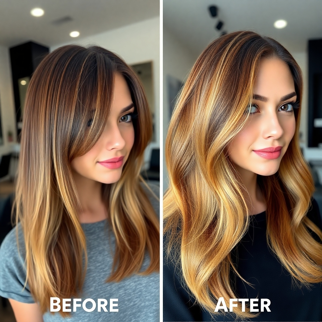 A photorealistic image showcasing a before-and-after transformation of a woman's hair color. The 'before' image shows her with dull, faded hair. The 'after' image reveals a vibrant, multi-tonal balayage with rich, glossy highlights, enhancing her complexion. The lighting should be bright and showcase the depth and shine of the color. The background should be a clean, modern salon environment.