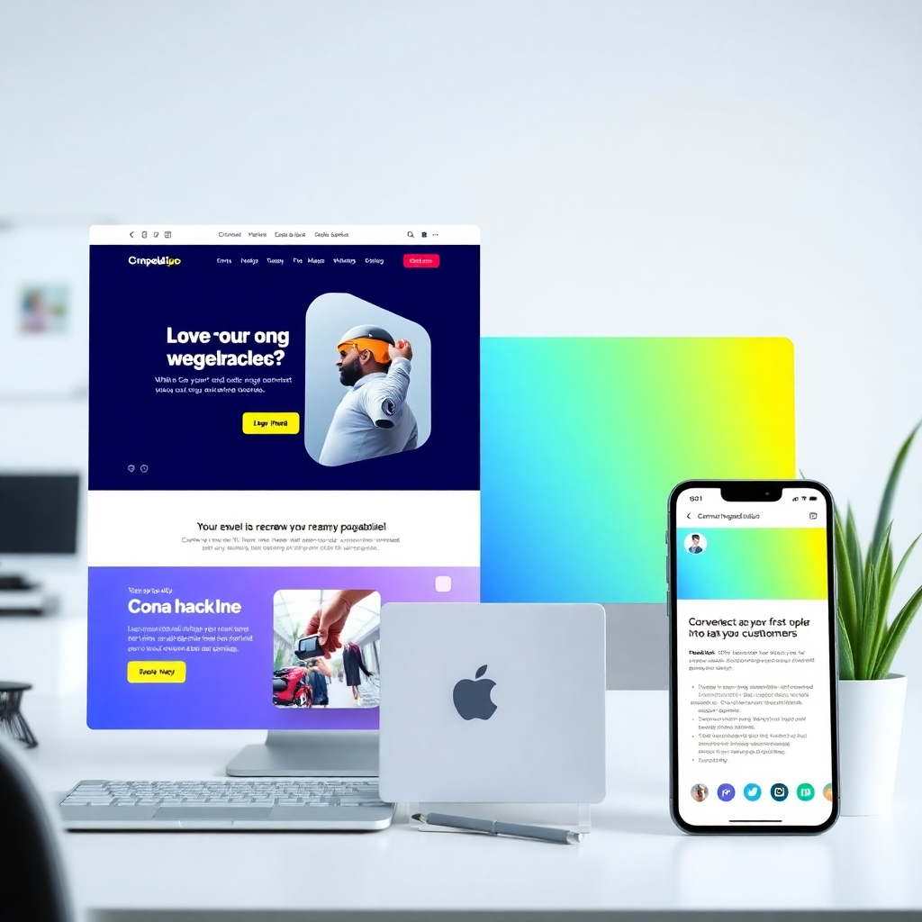 A photorealistic image showcasing various digital marketing assets: a captivating landing page design, an engaging email template, and a compelling social media post, all designed to convert leads into paying customers. The background should be a clean, organized workspace.