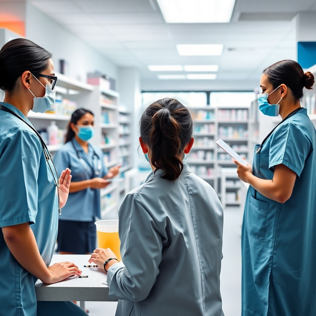 A photorealistic image showcasing a variety of pharmacy services, such as immunizations, medication management consultations, and health screenings. The image should be vibrant and well-lit, with a focus on cleanliness and positive energy. Style: Clean, modern, and professional medical setting.