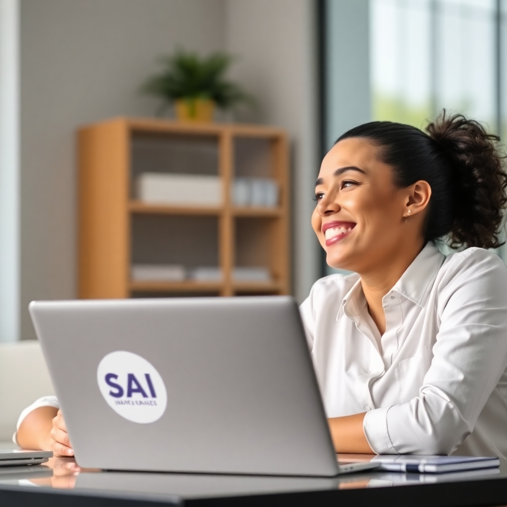 A photorealistic image showcasing a small business owner looking relaxed and smiling while working, with a laptop displaying the SAI logo in the background. The image should emphasize time savings and reduced stress.