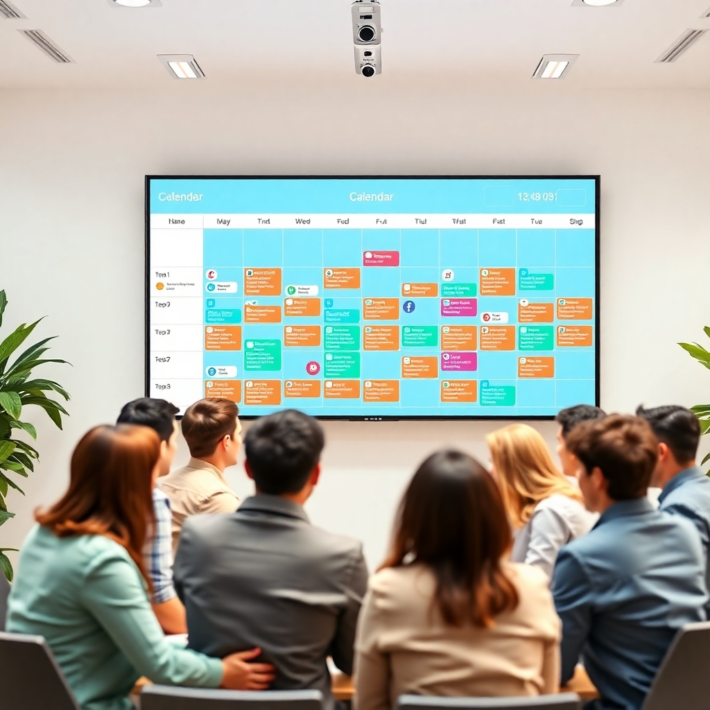 A photorealistic image showcasing a social media calendar displayed on a large digital screen in a bright, modern office. The calendar is filled with colorful icons representing scheduled posts across various platforms. A diverse team is gathered around the screen, reviewing and planning upcoming content. The lighting is bright and even, emphasizing the clarity of the calendar and the collaborative atmosphere. The color palette is vibrant and organized, reflecting the structured approach to social media management. The camera angle is slightly elevated, capturing the entire scene and emphasizing the importance of consistency. Technical specs: 8K resolution, hyperrealistic rendering.
