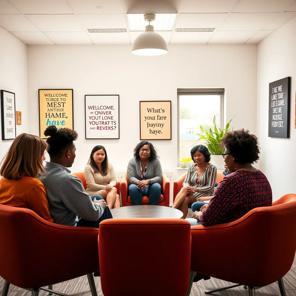 A photorealistic image showcasing a diverse group of individuals sitting in a circle in a brightly lit conference room. The room is decorated with motivational quotes and artwork, creating a welcoming and inclusive atmosphere. The group members are actively engaged in a discussion, their expressions conveying a sense of openness and support. The image should capture the energy and dynamics of the group, highlighting the individual experiences and shared perspectives. The camera angle should be slightly above the group, capturing the overall energy and dynamics of the session. Render the image with hyperrealistic details, including the textures of the furniture, the expressions on the group members' faces, and the dynamic energy of the conversation.  The overall mood should be positive and uplifting, showcasing the benefits of shared experiences and collective support.