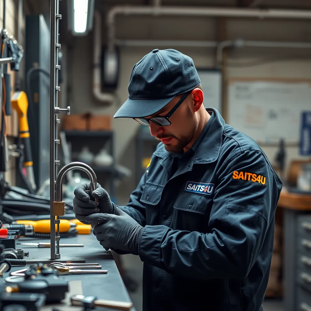 A photorealistic image showing a locksmith wearing a SAITS4U uniform, meticulously working on a high-security lock, with tools and equipment surrounding them. The image should be set in a well-lit workspace, highlighting the expertise and precision involved in the locksmith's work. The overall tone should be professional and reassuring.