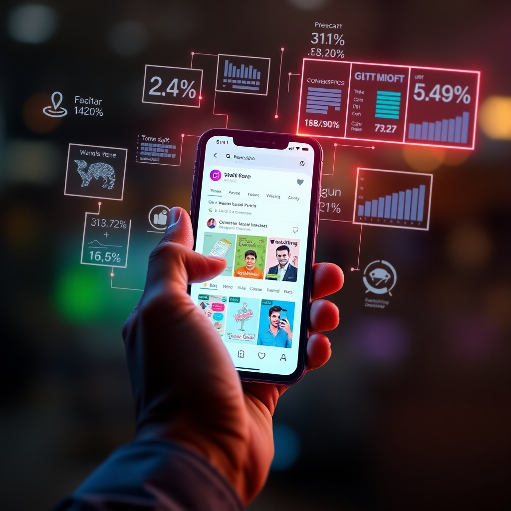 A photorealistic image showing a hand using a smartphone to run targeted advertising campaigns for e-commerce. The phone displays social media ads with products and discounts. Around the phone, holographic visualizations of marketing data, such as click-through rates, conversions, and customer demographics, float in the air. The lighting is vibrant and dynamic, with glowing effects highlighting the data visualizations. The background is blurred to emphasize the smartphone and the marketing data. The style is modern and tech-forward, conveying the power of digital marketing. Technical specs: 8K resolution, hyperrealistic rendering with holographic effects.