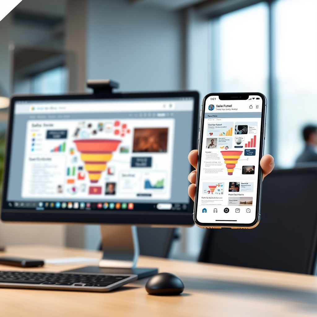 A photorealistic image showing a split screen: on the left, a sales funnel displayed on a desktop computer, looking cluttered and difficult to navigate. On the right, the same funnel is displayed on a mobile phone, optimized for easy use and clear visuals. The background is a blurred office scene. Lighting should be soft and focused on the screens. Camera angle is straight on, emphasizing the contrast between the two versions. Style: Clean, modern, and comparative. Technical Specs: 8K resolution, photorealistic rendering.