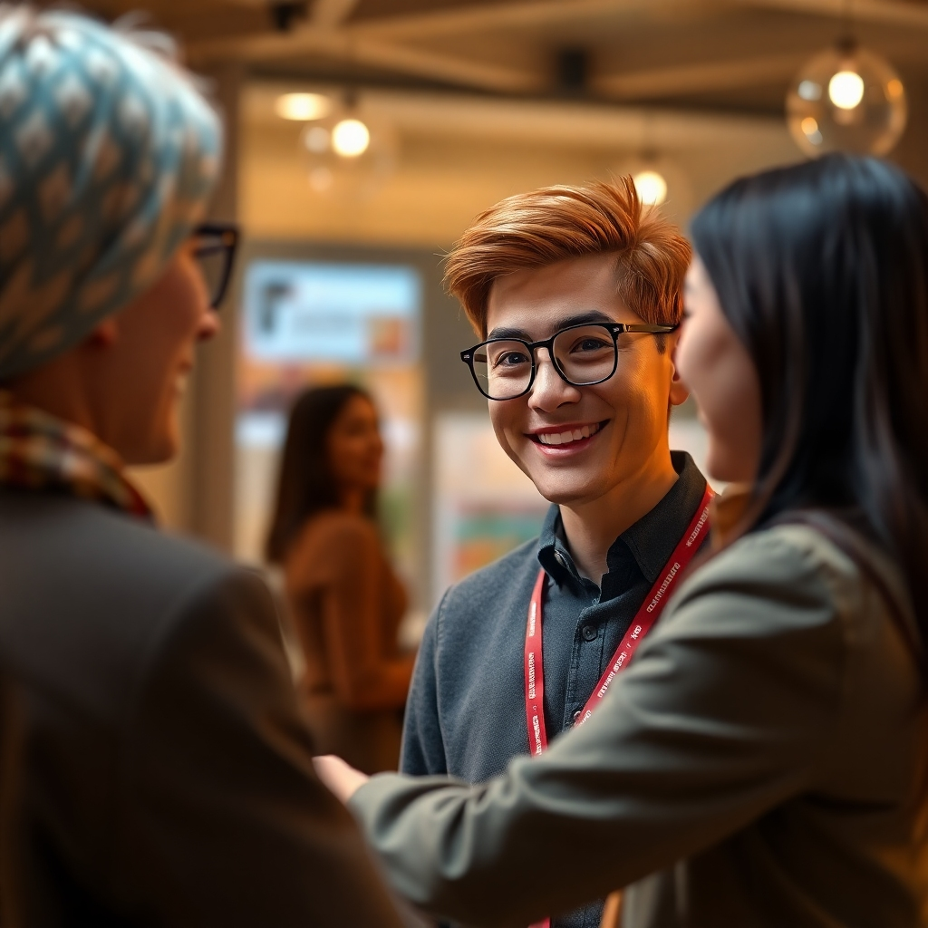 A photorealistic image showing a digital human with a friendly and professional appearance, dressed in attire reflecting a specific company's brand identity, engaging in a chat with a customer. The background could subtly display elements associated with the brand's story or values. The mood should be warm, inviting, and personalized to reflect the unique brand personality. The focus should be on the genuine and authentic connection between the digital human and the customer, showcasing the brand's values through the interaction.