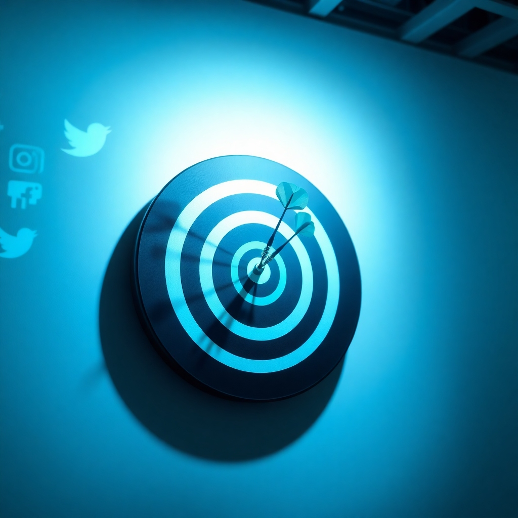 A photorealistic image showing a digital dartboard with darts hitting the bullseye. The dartboard is projected onto a modern office wall, with social media icons faintly visible in the background. The lighting is focused on the bullseye, creating a sense of achievement and clarity. The color palette is primarily blues and greens, symbolizing precision and growth. The camera angle is slightly low, emphasizing the target. The environment is a minimalist office setting, suggesting a focus on efficiency and results. This image represents the importance of setting clear and achievable goals in a social media marketing strategy. Technical specs: 8K resolution, hyperrealistic rendering.