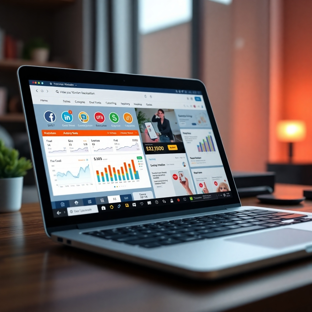 A photorealistic image showing various digital marketing tools and platforms on a laptop screen, including social media dashboards, SEO analytics, and online advertising campaign interfaces. The background should subtly show a successful online store's website with positive customer testimonials.
