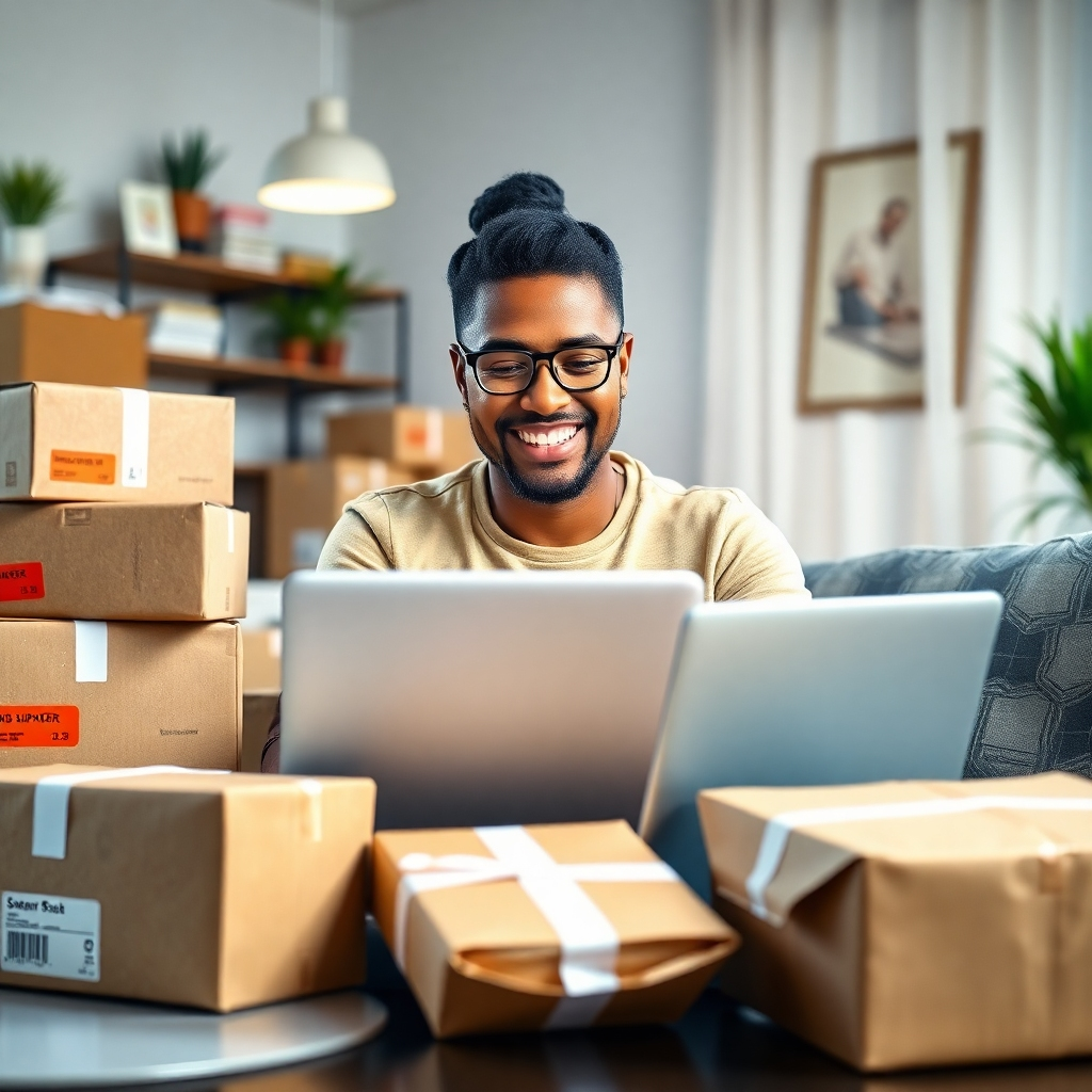 A photorealistic image showing a person happily working on a laptop at home, surrounded by various packages ready to be shipped. The background should be slightly blurred, focusing on the person and the packages. Use vibrant colors and sharp details to showcase a successful business operation. The overall vibe should be positive and productive.