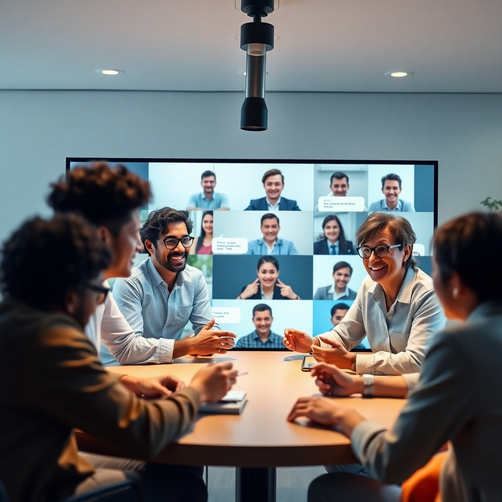 A photorealistic image showing a diverse group of people collaborating online in a virtual meeting room.  They're actively participating in a discussion, using chat features and sharing ideas. The interface should be clean and professional, with a focus on positive and collaborative interactions. The overall mood should be supportive and encouraging.
