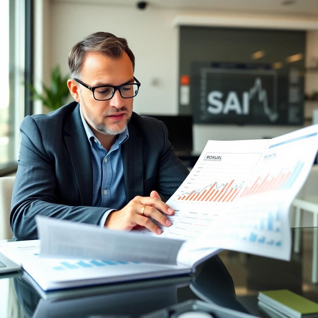 A photorealistic image showing a small business owner reviewing financial reports displaying positive results, with a subtle SAI logo in the background.