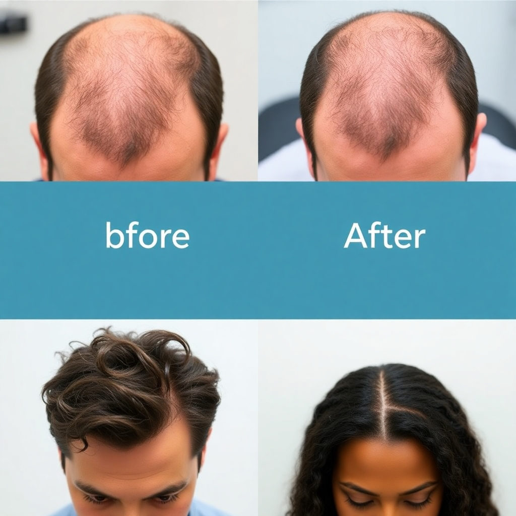 A photorealistic image showing before-and-after results of hair transplant surgery, highlighting the natural look and improved density.  The image should feature a diverse range of subjects, emphasizing inclusivity. The overall style should be clean and sophisticated, highlighting the positive and transformative nature of the procedure.
