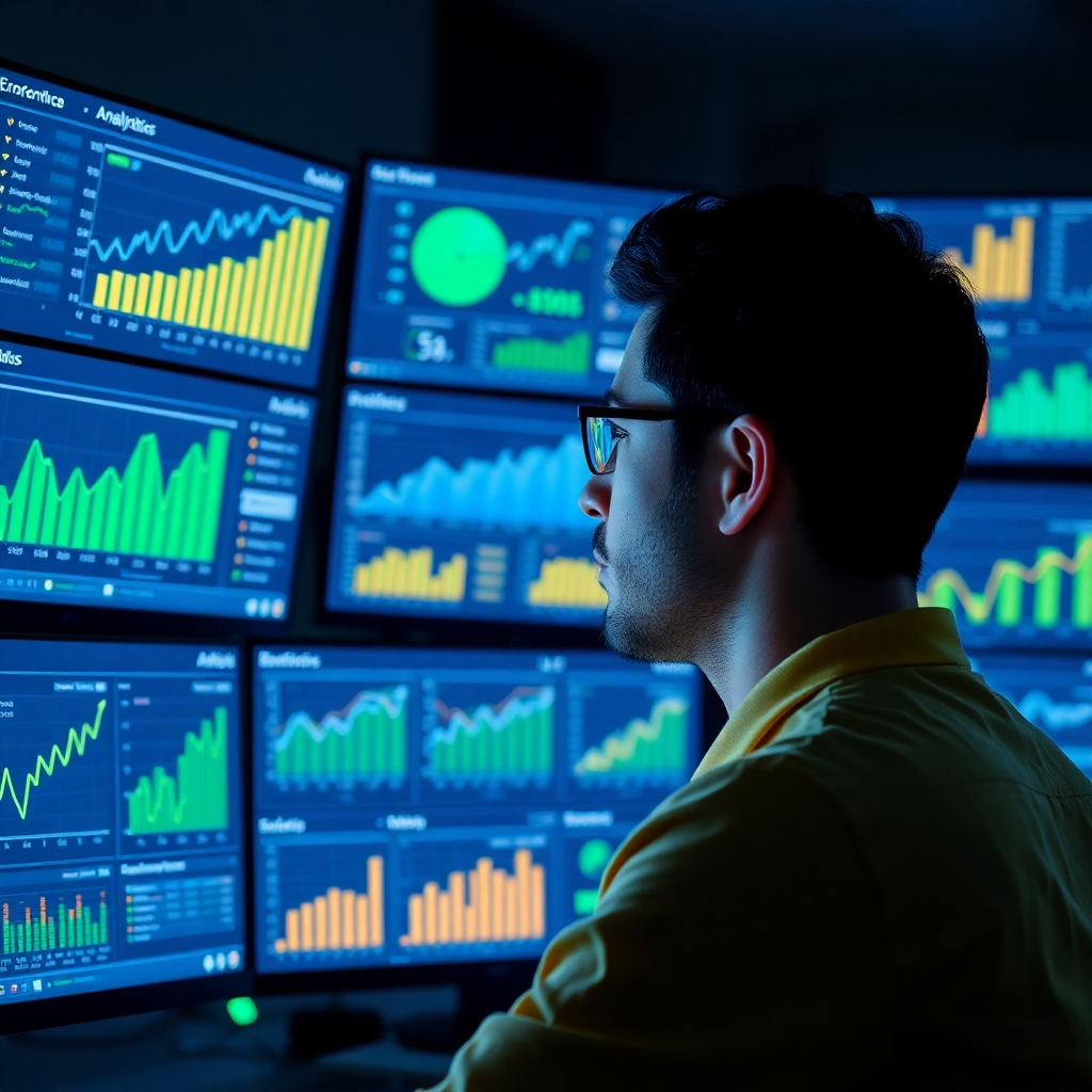 A photorealistic image showing a person analyzing e-commerce analytics dashboards on multiple screens. Charts and graphs display key performance indicators (KPIs) like sales, traffic, and conversion rates. The lighting is focused on the screens, with a soft glow illuminating the person's face. The color scheme is predominantly blue and green, representing data and growth. The style is modern and data-driven, conveying the importance of continuous improvement. Technical specs: 8K resolution, hyperrealistic rendering.