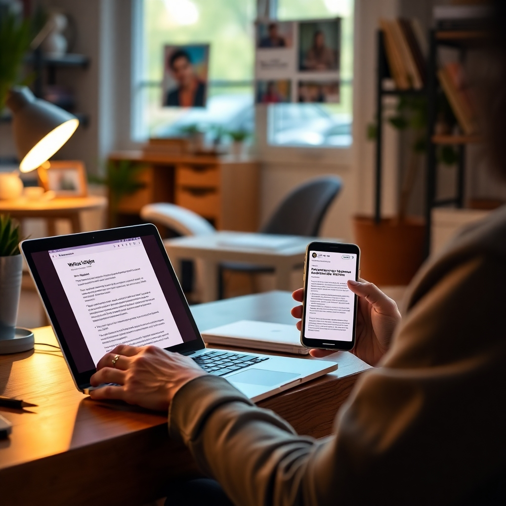 A photorealistic image showing a person working on multiple devices – a laptop, tablet, and smartphone – each displaying different writing projects. The background should suggest a vibrant coworking space or a well-organized home office.