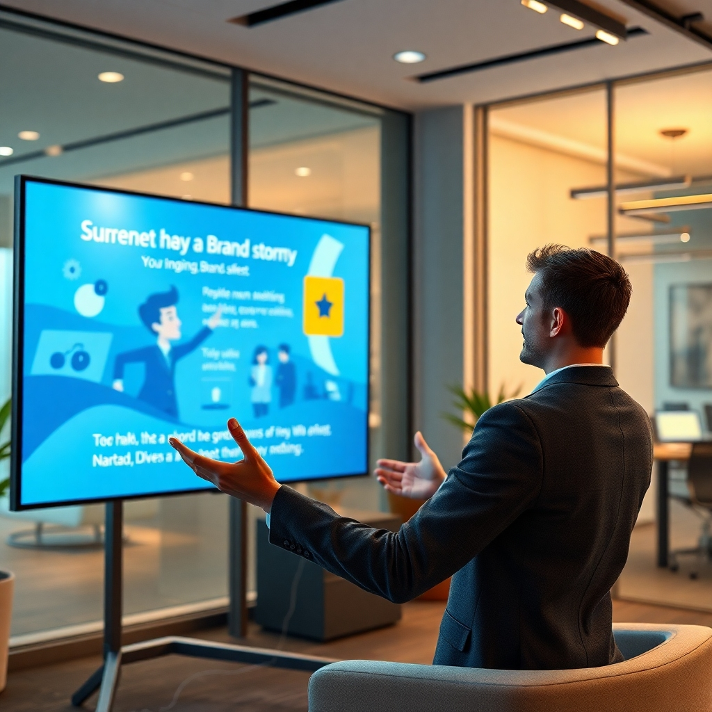 A photorealistic image showing a digital human narrating a brand story through an engaging animated sequence on a large screen. The scene should be set in a modern, stylish office or showroom. The digital human's expressions should convey enthusiasm and passion, with subtle visual effects that add to the narrative's impact. The image should emphasize the seamless integration of technology and storytelling.
