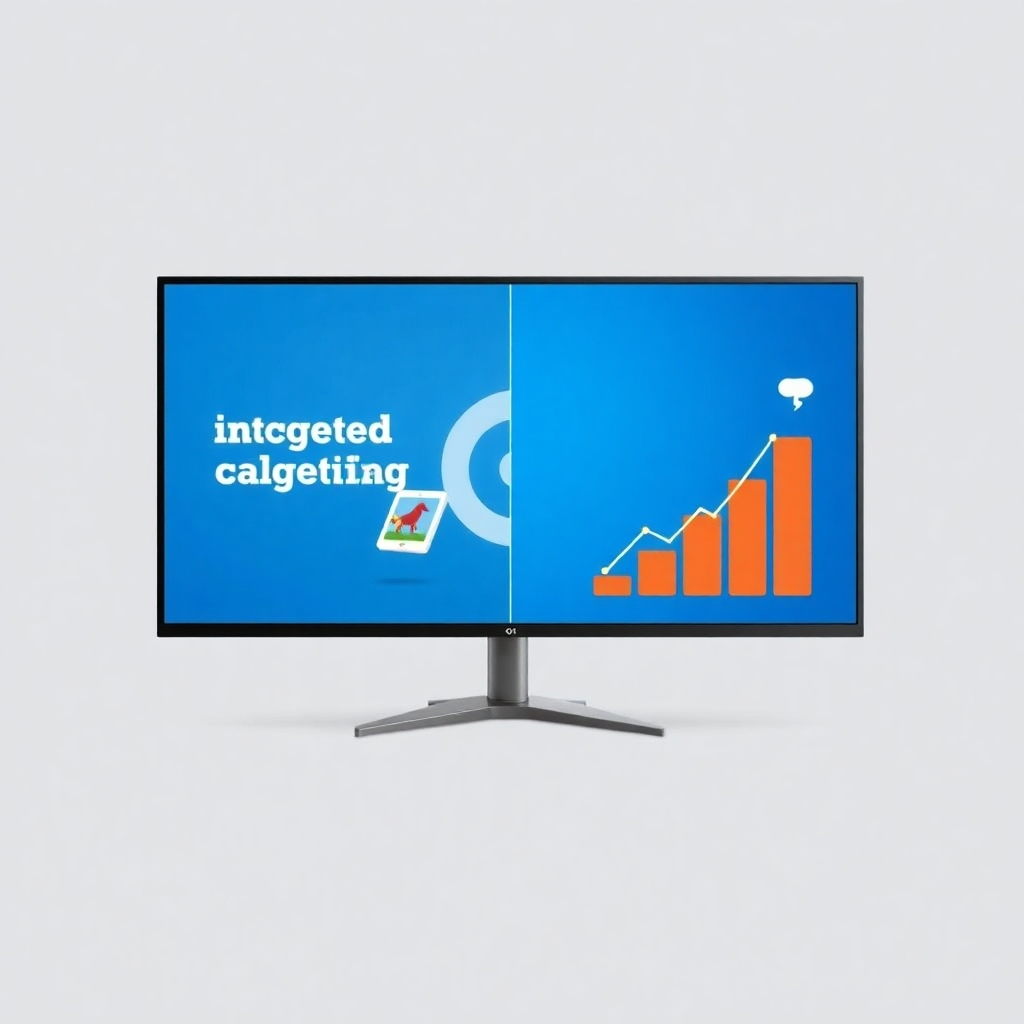 A photorealistic image showing a split screen; one side depicts a targeted advertising campaign running smoothly, the other side depicts increased sales. The image is clean, crisp, using high contrast colors to draw attention to the message.