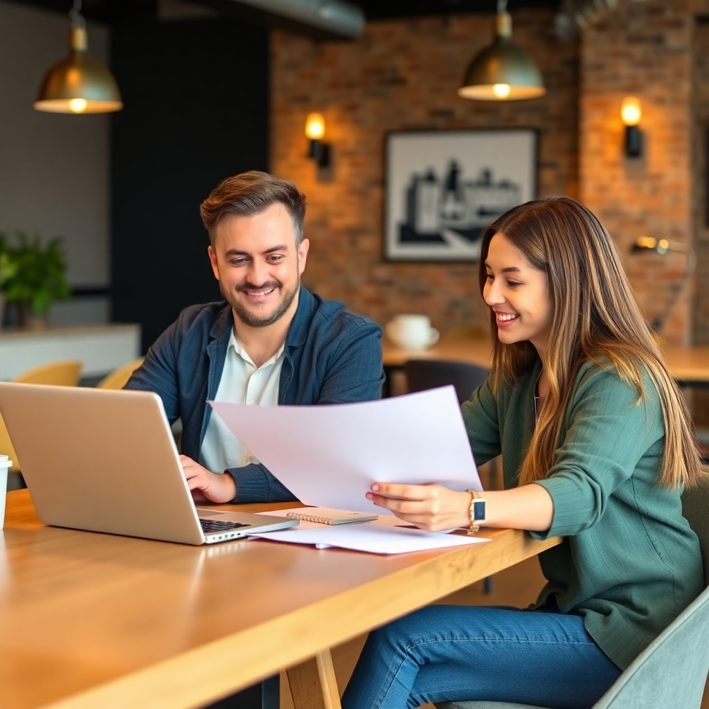 A photorealistic image showing two people sitting together at a table, working on a laptop and collaborating on a plan. The image should feel friendly, inviting, and collaborative.