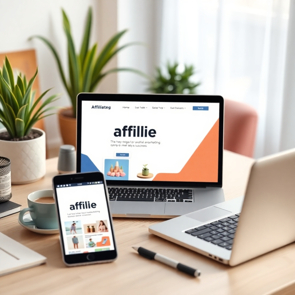 A photorealistic image showing various digital devices such as a phone, tablet, and laptop displaying affiliate marketing promotions. The devices should be strategically positioned on a home office desk with coffee, plants, and comfortable workspace items. The background should be softly blurred. Focus on showcasing digital affiliate marketing success.