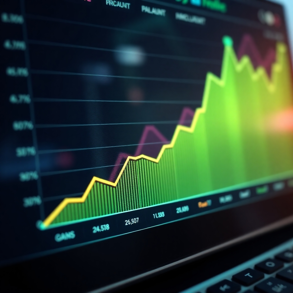 A photorealistic image showing a graph displaying the ROI from social media marketing. The graph shows increasing profits because of successful campaign. The background contains subtle hints of a social media interface. The colors used should emphasize gains and success like vibrant greens, blues, and golds. The atmosphere of the image should be very modern. Camera angle: a close-up showing the graph, not necessarily the whole screen it is on. Technical specs: 8K resolution, hyperrealistic rendering.