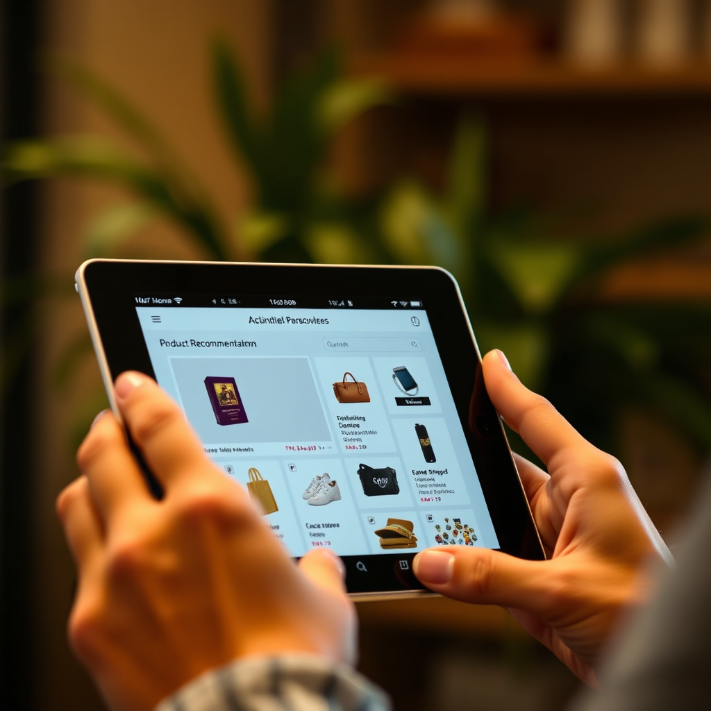 A photorealistic image showing a user receiving personalized product recommendations on their tablet. Showcase a user-friendly interface.