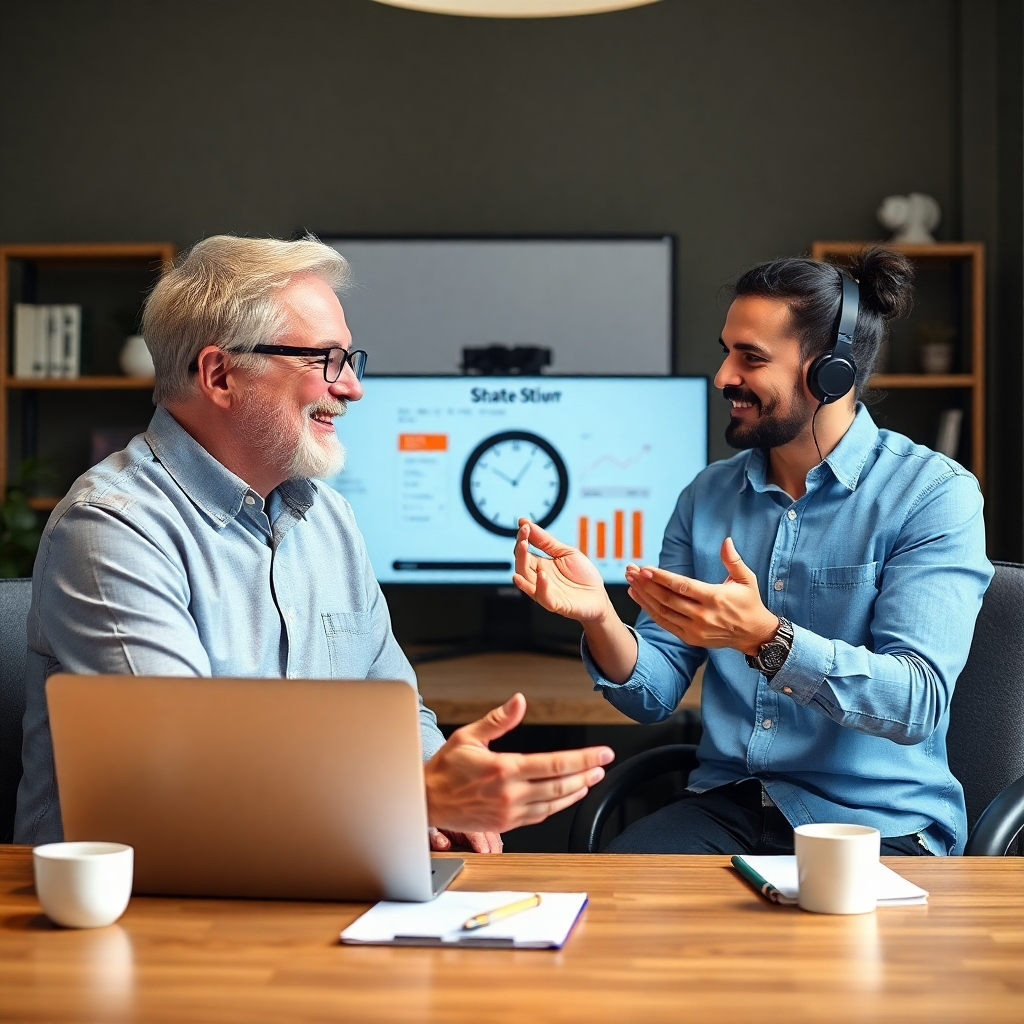 A photorealistic image showing a coach guiding an entrepreneur through a time management strategy session via video call. The atmosphere should be collaborative and supportive.