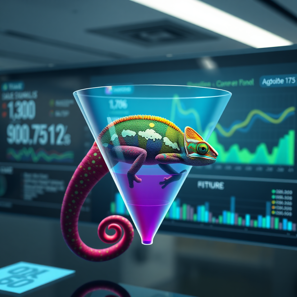 A photorealistic image showing a chameleon seamlessly blending into a sales funnel, its colors and patterns adapting to each stage. The funnel itself is transparent and flowing. The background is a clean, modern interface with data points. Lighting is subtle and dynamic, reflecting the chameleon's changing colors. Camera angle is a medium shot, capturing the chameleon's transformation. Style: Adaptive, personalized, and seamless. Technical Specs: 8K resolution, photorealistic rendering.