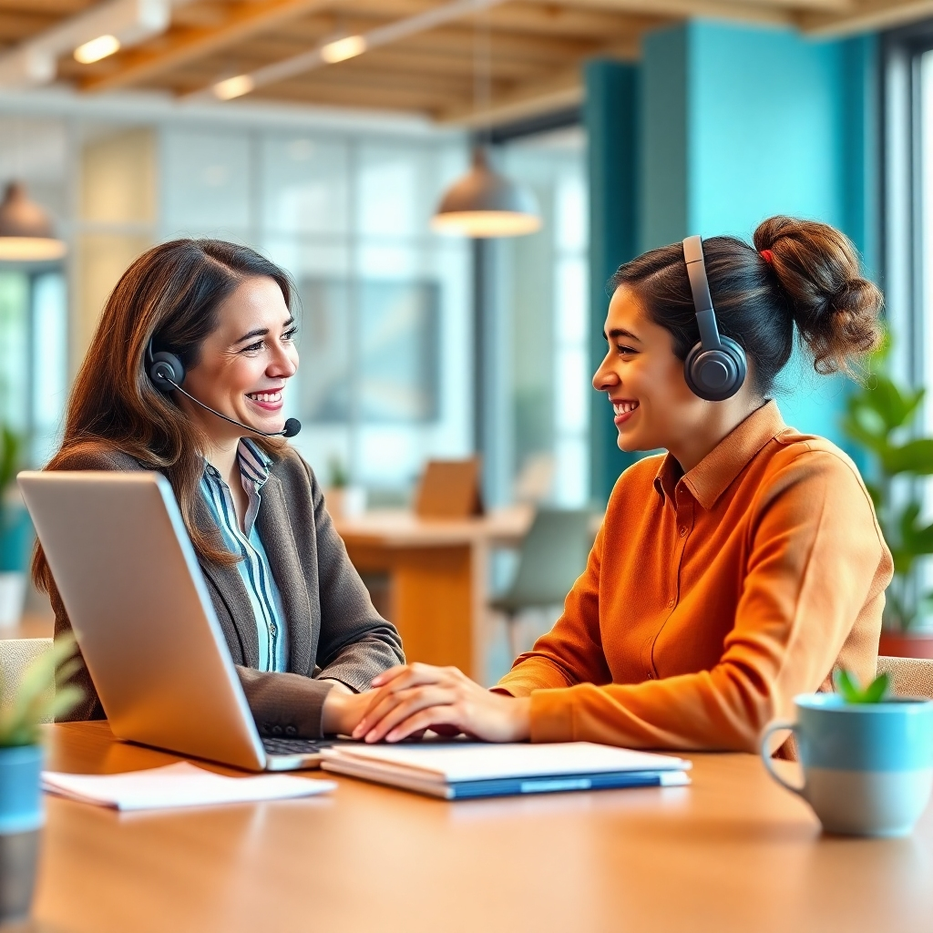 A photorealistic image showing a friendly customer service representative interacting with a customer via online chat on a laptop. The representative is smiling and helpful, while the customer appears satisfied. The background is a bright and welcoming office environment. The color scheme is warm and inviting, with accents of blue and green. The style is professional and empathetic, conveying the importance of customer relationships. Technical specs: 8K resolution, hyperrealistic rendering.