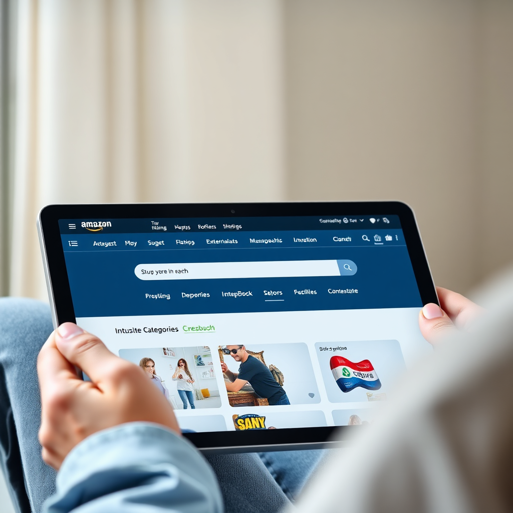 A photorealistic image showing a user effortlessly navigating an intuitive and clean Amazon webpage on a tablet. The UI showcases clear categories and a smooth search function. Soft, natural light illuminates the scene. The color palette is calming and modern, using blues and whites. The camera angle is a medium shot, capturing both the user's hands and the screen.