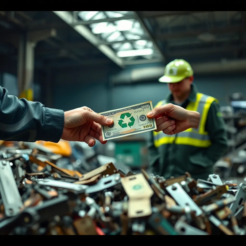 A photorealistic image showing a person receiving a cash payment from a recycling company representative in exchange for a pile of scrap metal. The image should highlight the financial aspect of recycling and its positive impact on the economy.