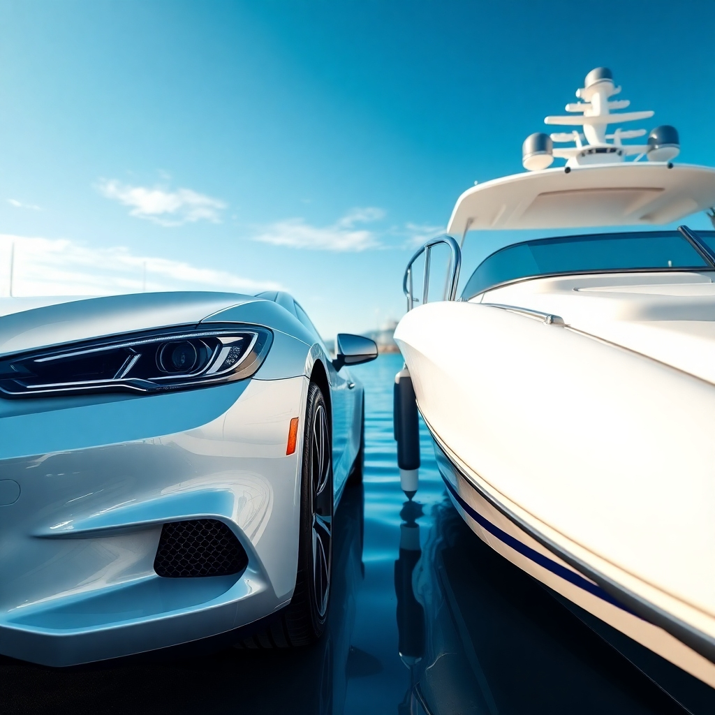A photorealistic image showing a gleaming, polished car and a freshly cleaned boat side-by-side.  Both should be clean and shiny, showcasing the high-quality detailing work. The background should be a luxurious marina setting with clear blue water and a vibrant sky. High-resolution, emphasizing the reflections and shine on the surfaces.