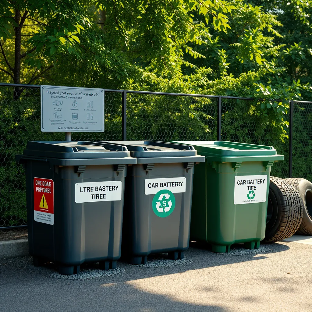 A photorealistic image showing a designated area for the proper disposal of car batteries and tires. The area should have clearly labeled containers for each type of waste. The background should feature a green, natural environment showcasing the importance of responsible recycling.
